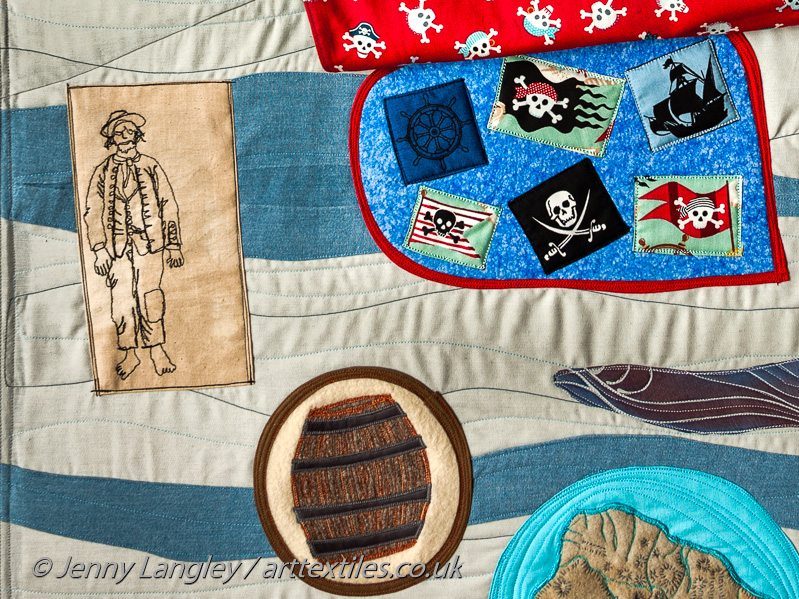 Ordinary sailor of 18th Century, water barrel and patch with pirate motifs and flags, covered by the handheld weapon flap.