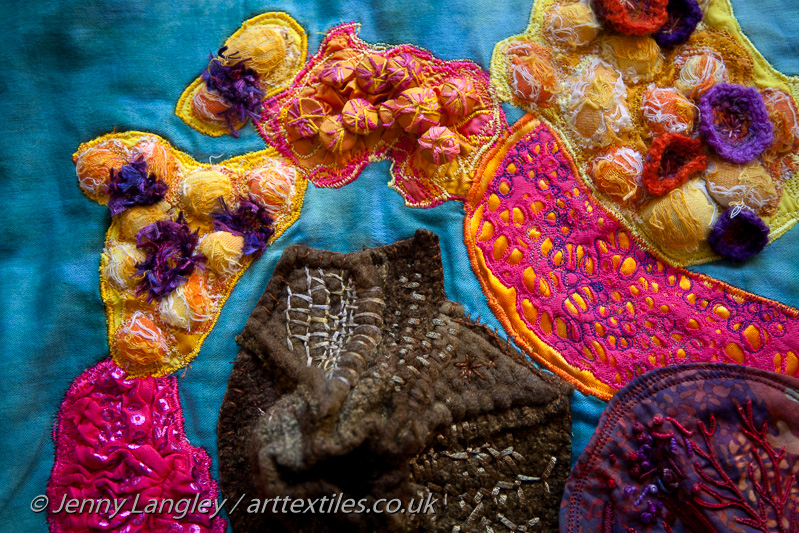 Detail of volcano surrounded by coral reef.